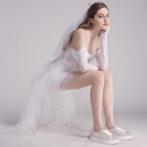 Suokdil Sparkle Rhinestone Sneakers for Women - Bling Fashion Bedazzled Platform Tennis Shoes - White Glitter, Sequin Wedding and Party Shoes