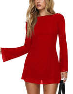 Load image into Gallery viewer, GOBLES Women's Sexy Long Flare Sleeve Boat Neck A-line Mini Cocktail Party Dress Red
