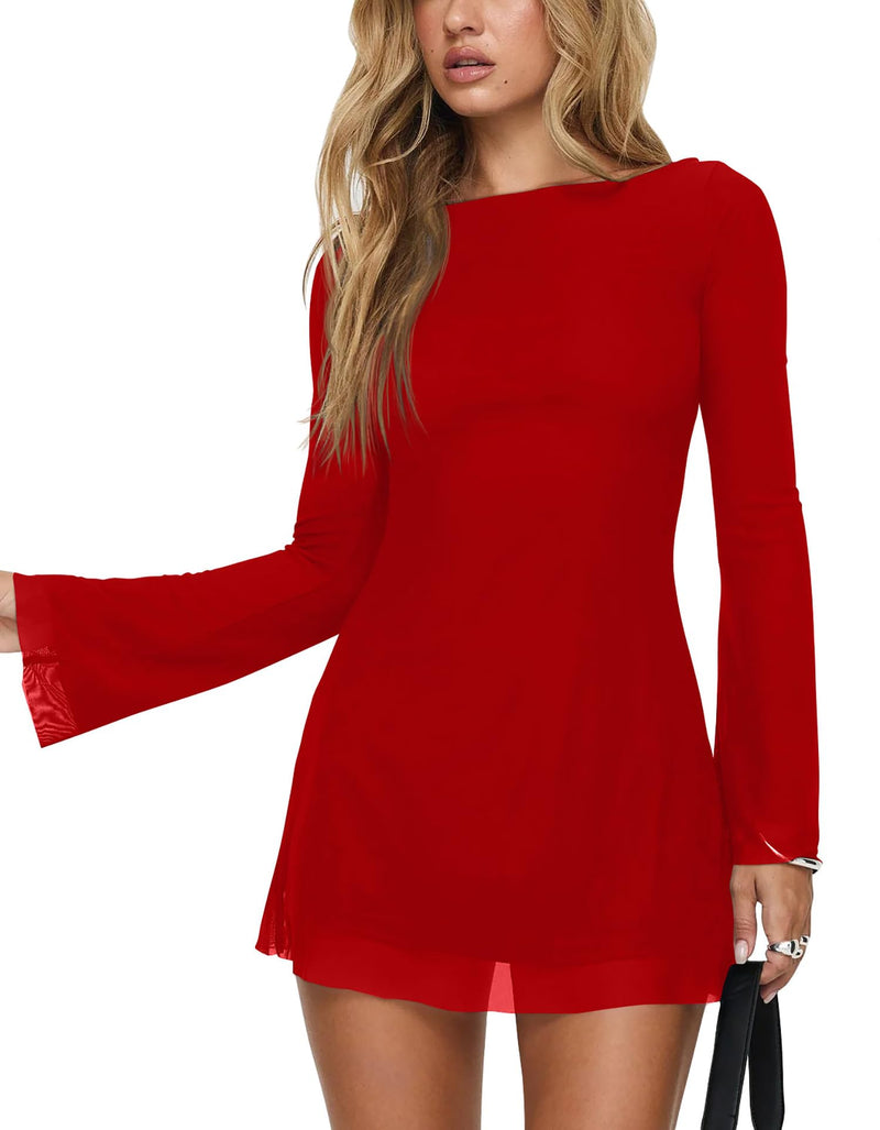 GOBLES Women's Sexy Long Flare Sleeve Boat Neck A-line Mini Cocktail Party Dress Red