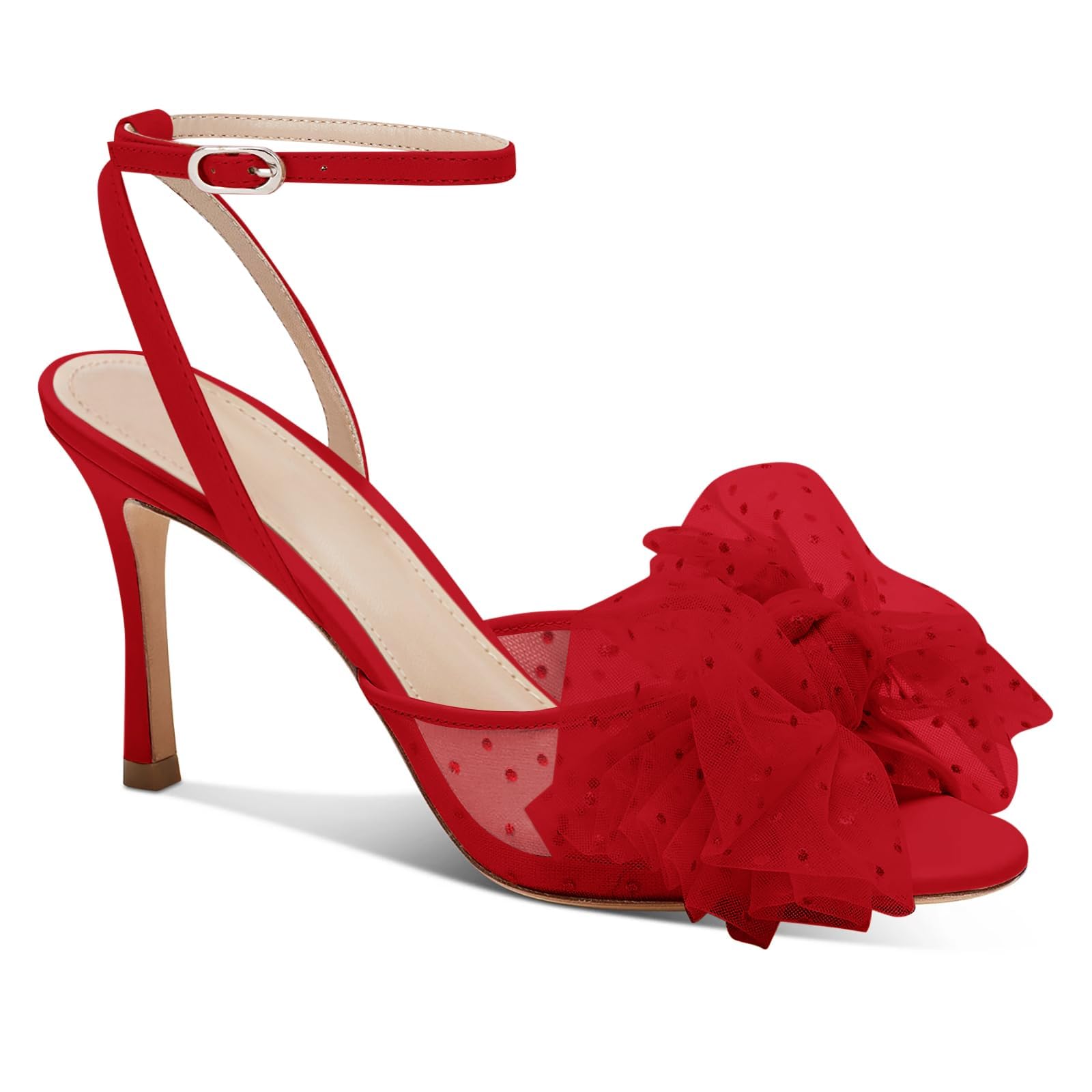 Coutgo Womens Bow Tie Heels Sandals Slingback Peep Toe Wedding Heels Mesh High Stiletto Heel Summer Cute Wedding Bridal Shoes