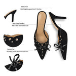 Load image into Gallery viewer, DOEYG Studded Heeled Mules for Women Suede Vintage Stiletto Heels Pointy Slip on Bow Tie Pumps Shoes Backless Mid Heels Dress Party Slide Heeled Sandals for Women
