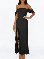 Load image into Gallery viewer, Caracilia Womens Summer Off The Shoulder Formal Bodycon Maxi Dresses High Slit Ruffle Hem Mesh Wedding Guest Cocktail Dress Black Medium
