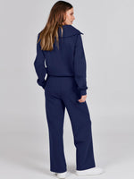 Load image into Gallery viewer, ANRABESS Women 2 Piece Outfits 2025 Fall Fashion Airport Wide Leg Pants Lounge Set Leisure Travel Vacation Clothes Sweatsuits Navy Blue Medium
