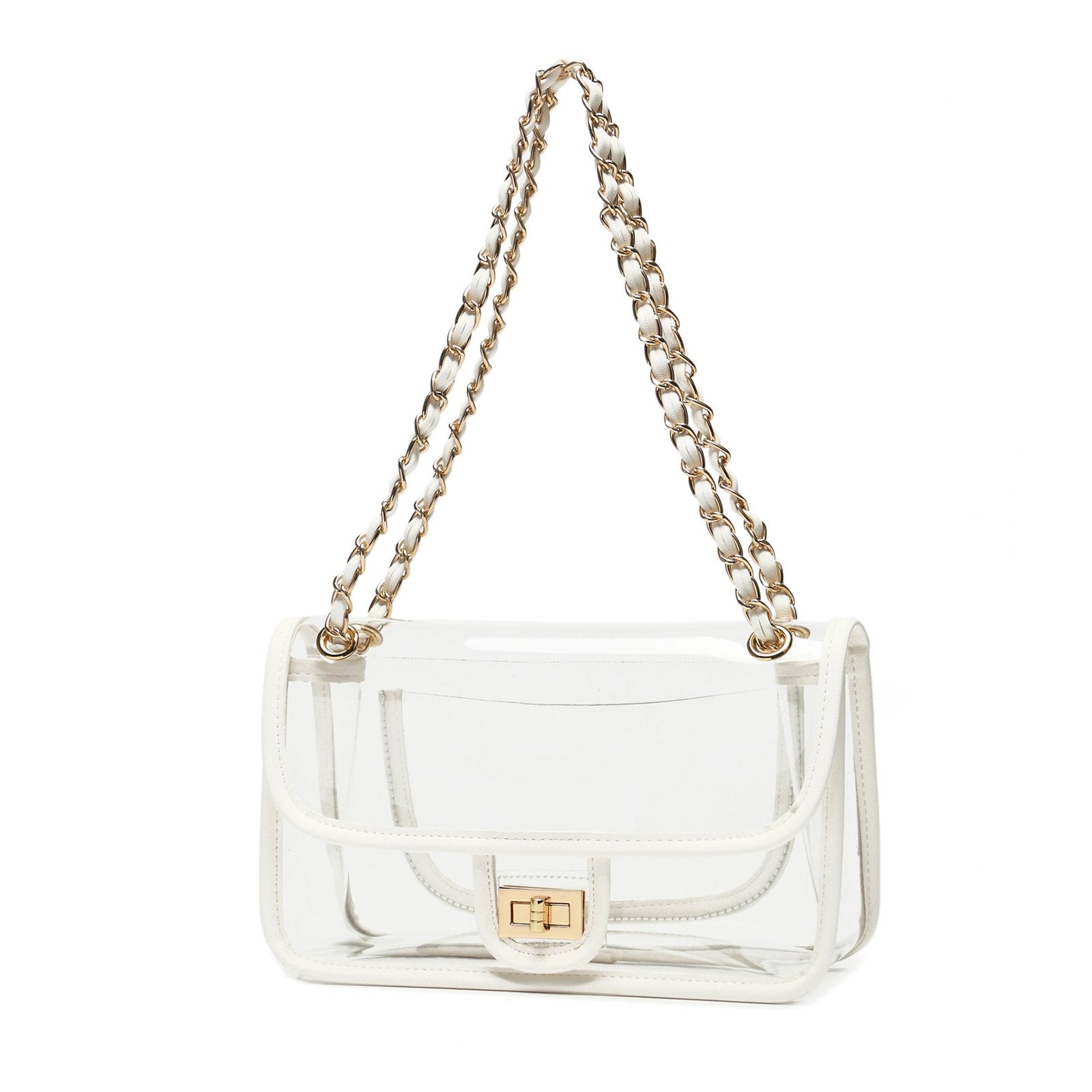 LAM GALLERY Womens PVC Clear Purse Handbag with Chain Stadium Approved Clear Bag See Through Bag for Working and Concert (White Gold Large)