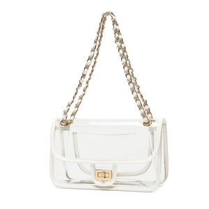 LAM GALLERY Womens PVC Clear Purse Handbag with Chain Stadium Approved Clear Bag See Through Bag for Working and Concert (White Gold Large)