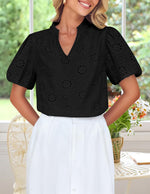 Load image into Gallery viewer, ZESICA Women&#39;s Summer Short Puff Sleeve Shirts 2025 V Neck Casual Hollow Out Lace Embroidered Blouse Tops,Black,Medium
