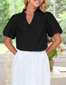 ZESICA Women's Summer Short Puff Sleeve Shirts 2025 V Neck Casual Hollow Out Lace Embroidered Blouse Tops,Black,Medium