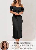Load image into Gallery viewer, KIRUNDO Women&#39;s 2025 Summer Satin Midi Dress Off The Shoulder Wrap Ruched Wedding Guest Party Cocktail Formal Prom Dresses (Black, Medium)
