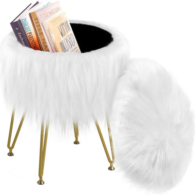 RunLexi Vanity Stool Chair with Storage, Faux Fur Makeup Room Seat Stool, Soft Padded Seat, Round Footrest Footstools with 4 Metal Legs & Adjustable Footings, Vanity, Bathroom, Bedroom Chairs White