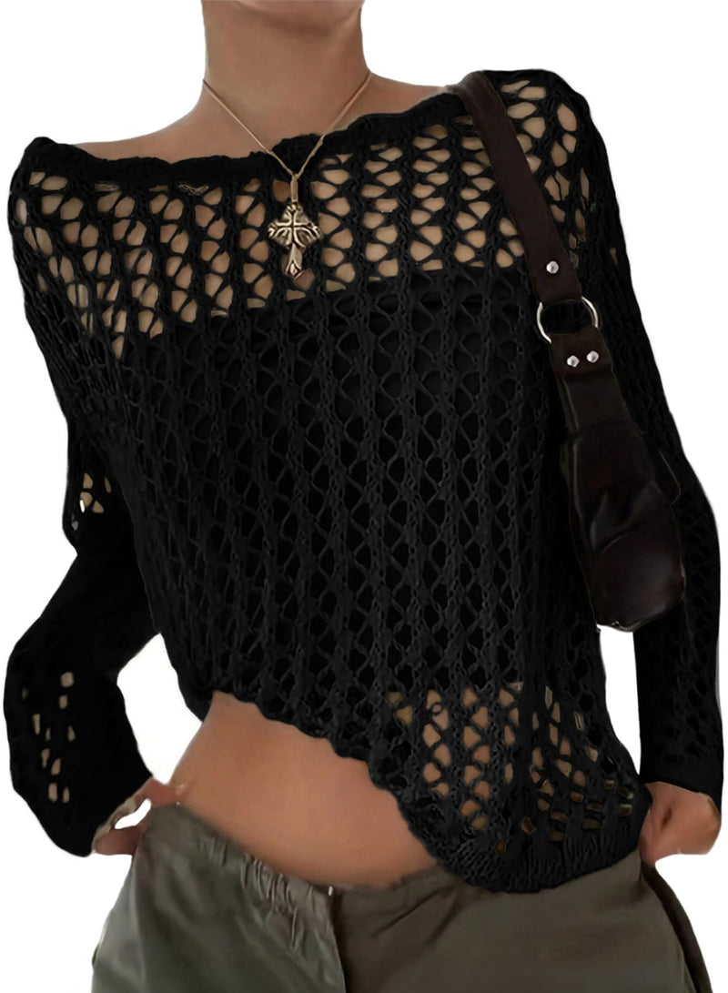 EVALESS Womens Fashion Spring Tops Resort Wear for Women 2026 Long Sleeve Summer Sweaters Crochet Hollow Out Top Lightweight Vacation Outfits Sexy Off The Shoulder Womens Clothes Black Shirts, Medium