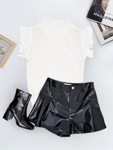 Saodimallsu Womens Sleeveless Sweater Vest Mock Neck Cable Knit Fringe Cap Sleeve Boho Trendy Pullover Tank Tops White
