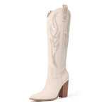 Load image into Gallery viewer, Celbreez Cowgirl Boots with Rhinestone Embroidered Wide Calf Cowboy Boots for Women Pointed Toe Side Zip Western Boots Suede Knee High Boots Chunky Heel Tall Long Boot for Women
