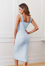 Load image into Gallery viewer, MEROKEETY Women&#39;s 2025 Summer Spring Bodycon Midi Dress Vacation Sleeveless Ribbed Knit Striped Party Sweater Dresses, Blue, S
