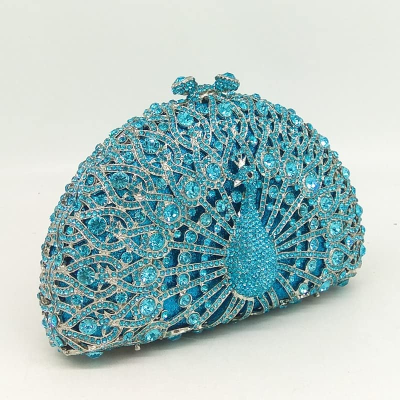 Boutique De FGG Peacock Clutch Bag Women Crystal Evening Handbags Bridal Wedding Rhinestone Clutch Purse Party Prom Bag,Mini,Light Blue