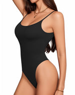 Load image into Gallery viewer, MANGOPOP Women&#39;s Cami Thong Bodysuit Double Lined Square Neck Backless Body Suit Adjustable Spaghetti Strap Tops Black M
