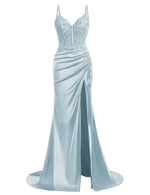 Load image into Gallery viewer, Beaded Satin Prom Dresses 2025 Lace Appliques Corset Long Mermaid Formal Evening Gowns with Slit Light Blue US0
