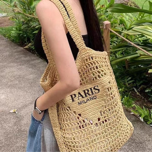 ABHONOR Hollow Crochet Woven Handbag Straw Woven Bag Straw Mesh Tote Bag For Women Woven Beach Shoulder Bag Pool Beach Bags (Beige)