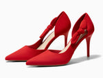 Load image into Gallery viewer, Coutgo Womens Stiletto High Heels Closed Pointed Toe Bow Pumps D'Orsay Wedding Bride Dress Shoes, Red, Size 7
