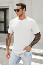 Load image into Gallery viewer, JMIERR Mens Muscle Slim Fit Button Henley Shirts Summer Crewneck Short Sleeve Longline Fitted T-Shirt Gym Workout Athletic Tee Shirt for Man, 2XL, White
