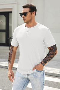 JMIERR Mens Muscle Slim Fit Button Henley Shirts Summer Crewneck Short Sleeve Longline Fitted T-Shirt Gym Workout Athletic Tee Shirt for Man, 2XL, White