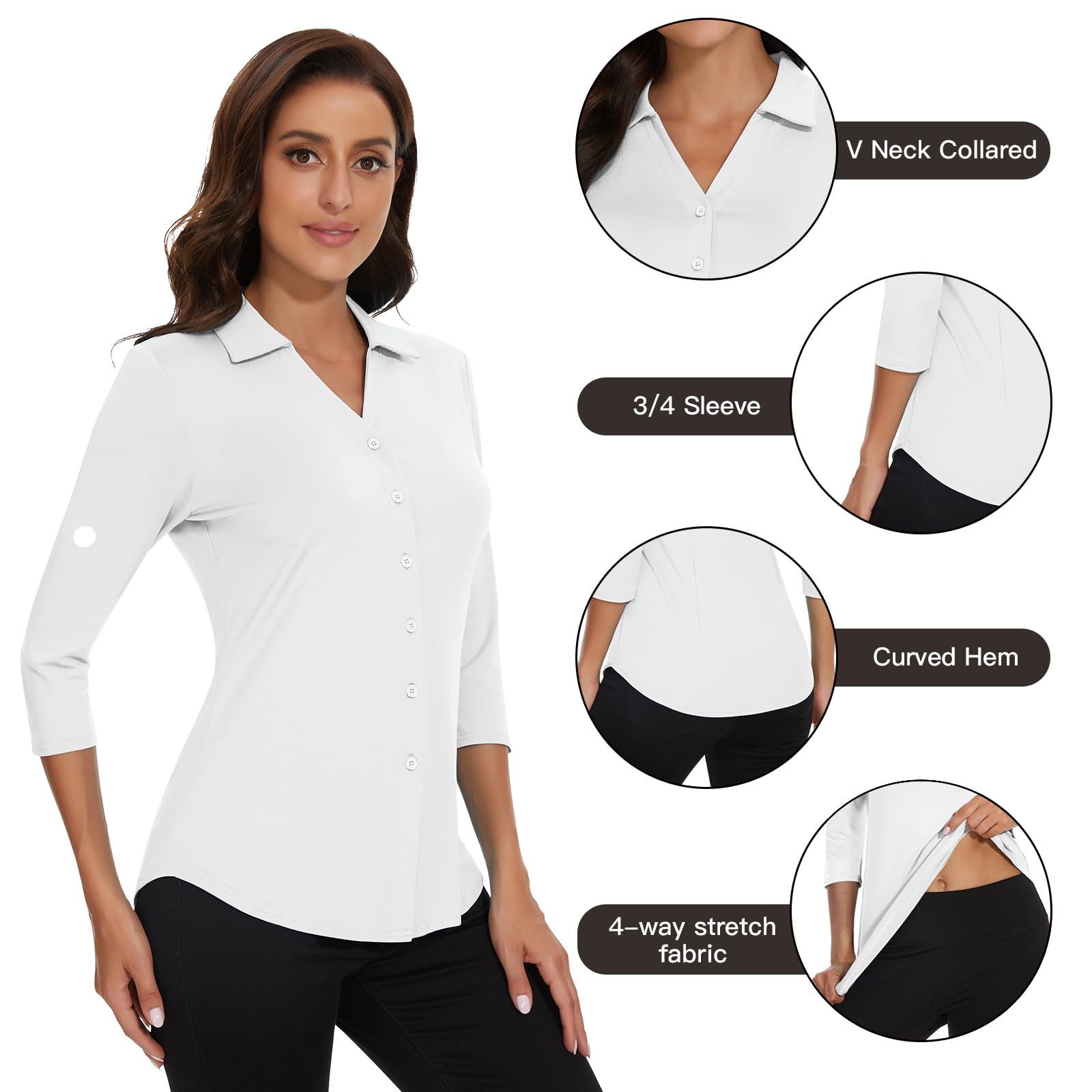 Soneven Womens Long Sleeve Button Down Shirts V Neck Golf Polo Shirts Business Causal Work Blouses Tops Collared Shirts