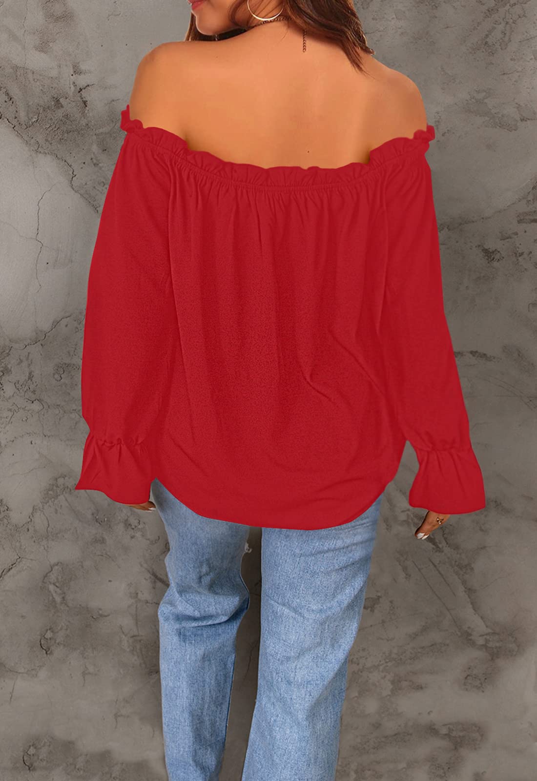 Spriolim Womens Off Shoulder Blouse Long Sleeve Casual Elegant Ruffle Chiffon Top Red, Large
