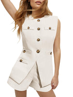 Load image into Gallery viewer, Tankaneo Womens 2 Piece Outfits Casual Suit Sets Sleeveless Button Down Blazer Vest Shorts Office Business Matching Set, White, Medium
