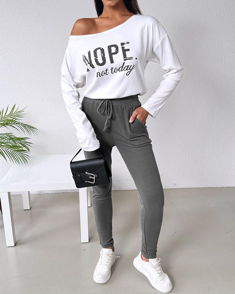 CHICME Women Casual Matching Sets Long Sleeve Pullover Tops and Pants Set Tracksuit Travel Outfits Gray-L