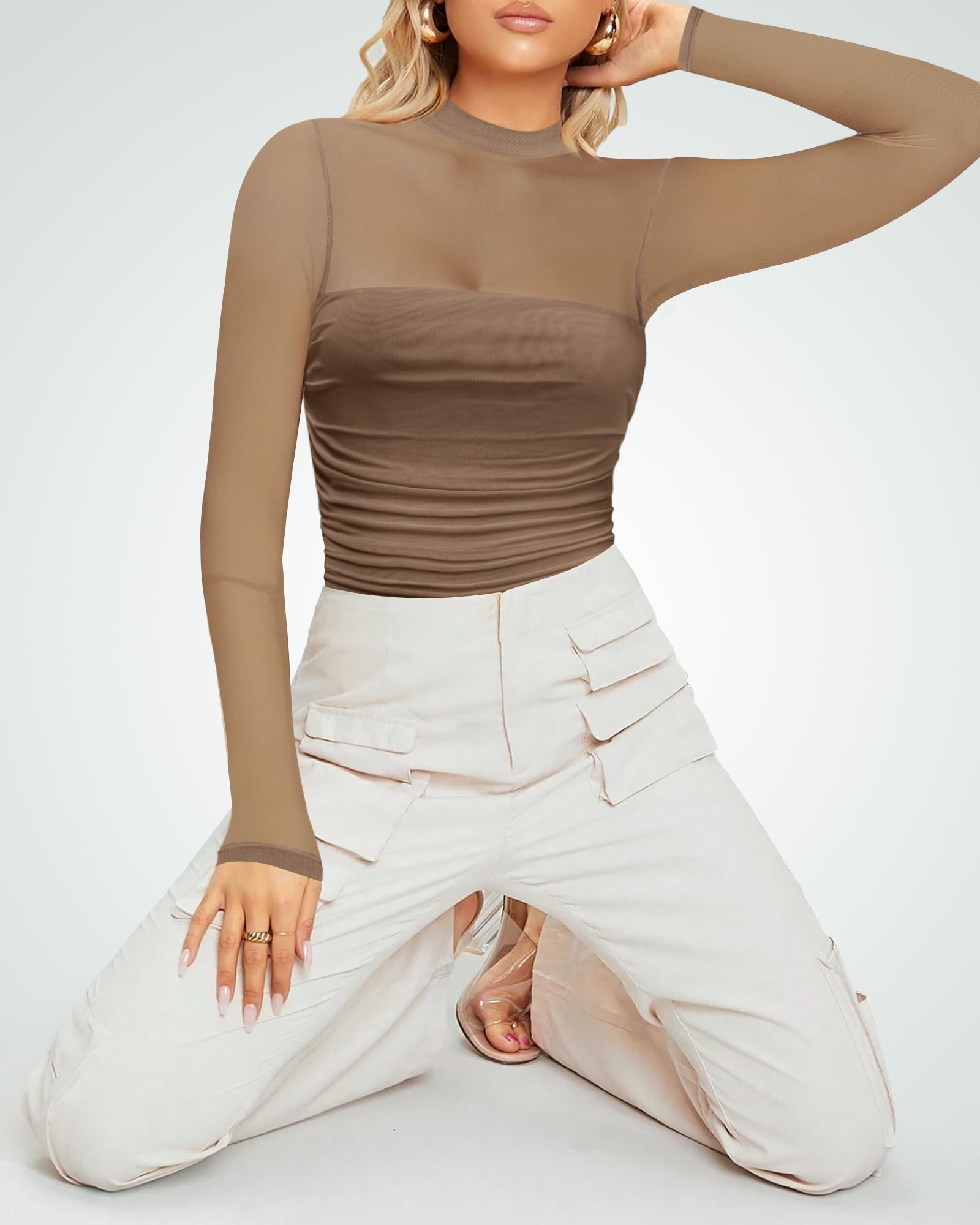 Kentysill Women's Sexy Bodysuit for Outfits: Mock Turtle Neck Long Sleeve Body Suit - Mesh Sheer Ruched Going Out Bodysuits Brown XXL