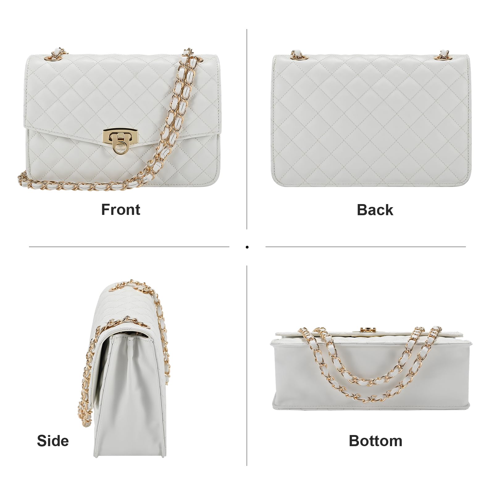 GM LIKKIE Quilted Shoulder Bag for Women, Medium Flap Crossbody Handbag with Chain Strap, Soft Vegan Leather Clutch Purse (White)