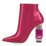 Load image into Gallery viewer, FSJ Women Chic Pointed Toe Crystal Chunky Block High Heel Ankle Boots Glossy Side Zipper Casual Daily Fashion Ladies Shoes Size 7 Fuchsia

