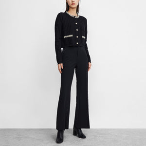 URBAN REVIVO Womens Cropped Cardigan Sweaters Open Front Casual Long Sleeve Knit Pearl Button Down Crew Neck Jacket 2025 Black, Medium