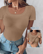 Load image into Gallery viewer, CHICME Women Built-in Bra T Shirt Top Short Sleeve Square Neck Basic Khaki Tees Casual Ribbed Knit Fitted Workout Going Out Tops-M
