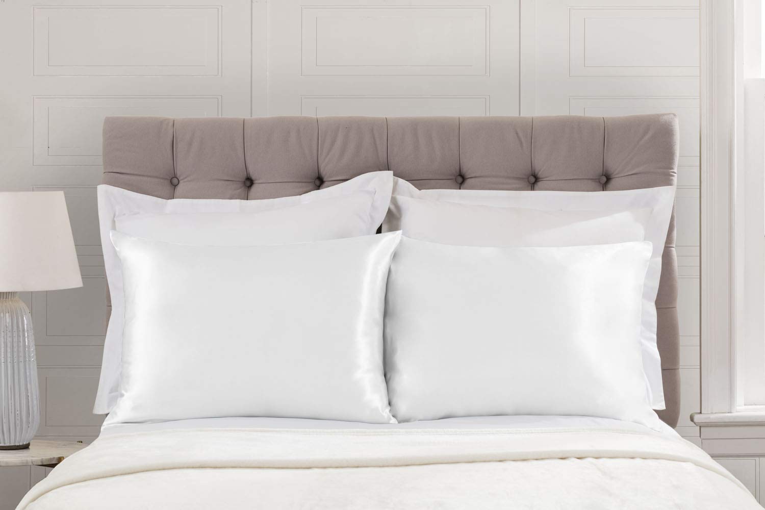 ShopBedding Satin Pillowcase with Zipper for Hair and Skin Care, Feels Soft and Cool Like a Silk Pillowcase, White Satin Pillow Cases 2 Pack, Slik Pillow Cover, Standard Size - Set of 2 - Blissford