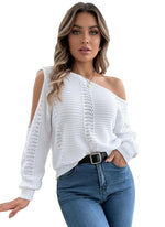 Load image into Gallery viewer, ACWUMU Womens Off Shoulder Crochet Sweater Fall Fashion 2025 Knit Tops Casual Long Sleeve Pullover Sweaters White
