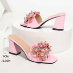 Load image into Gallery viewer, DONRRNDK Women's Pink Flower Block Heel Slides 3D Floral Pearl Decor Open Toe Mule Sandals Elegant Chunky Heel Slip-On Shoes for Wedding Party (Pink,11)
