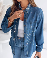Load image into Gallery viewer, CHICME Womens Pearl Rhinestone Embellished Denim Shirt Long Sleeve Button Down Turn Down Collar Casual Jean Blouse Top for Daily and Party-Blue-M
