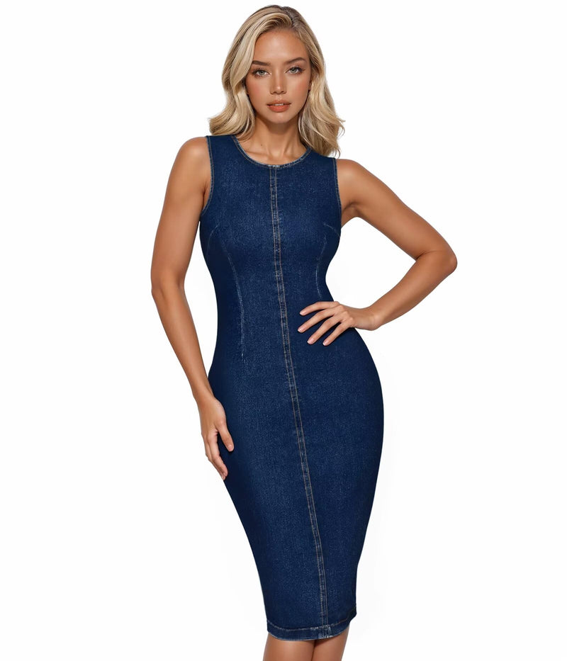 Hybrid & Company Womens Super Stretch Slim Fit Crew Neck Sleeveless Denim Dress DR5010 Darkwash XS