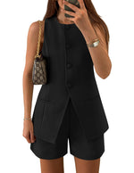 Load image into Gallery viewer, ZESICA Women's 2025 Summer 2 Piece Short Sets Sleeveless Crew Neck Suit Vest Tops High Waist Shorts Business Outfits,Black,Medium
