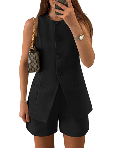 ZESICA Women's 2025 Summer 2 Piece Short Sets Sleeveless Crew Neck Suit Vest Tops High Waist Shorts Business Outfits,Black,Medium