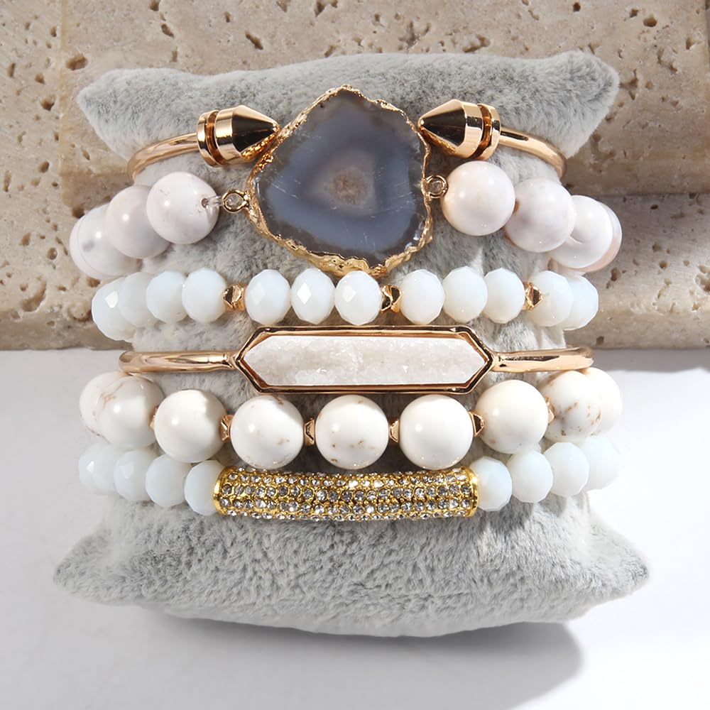 Yomisa 6PCS Natural Boho Beaded Bracelets Bangle for Women,Healing Turquoise Tiger eyes Agate Crystal Gemstone Stone Diamond Chakra Multi Wrap Bohemian Handmade Jewelry Beads Stretch Bracelet Set