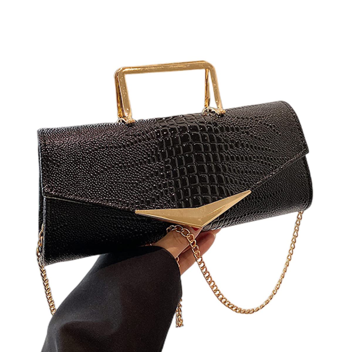 WIGUYUN Women Vegan Leather Evening Handbag Crocodile Pattern Handle Clutch Purse Cross Body Envelope Bag Black