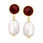 Load image into Gallery viewer, Ross-Simons 8-8.5mm Cultured Pearl and 2.70 ct. t.w. Garnet Drop Earrings in 14kt Yellow Gold
