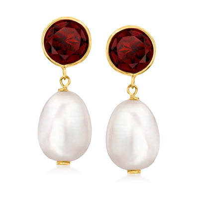 Ross-Simons 8-8.5mm Cultured Pearl and 2.70 ct. t.w. Garnet Drop Earrings in 14kt Yellow Gold