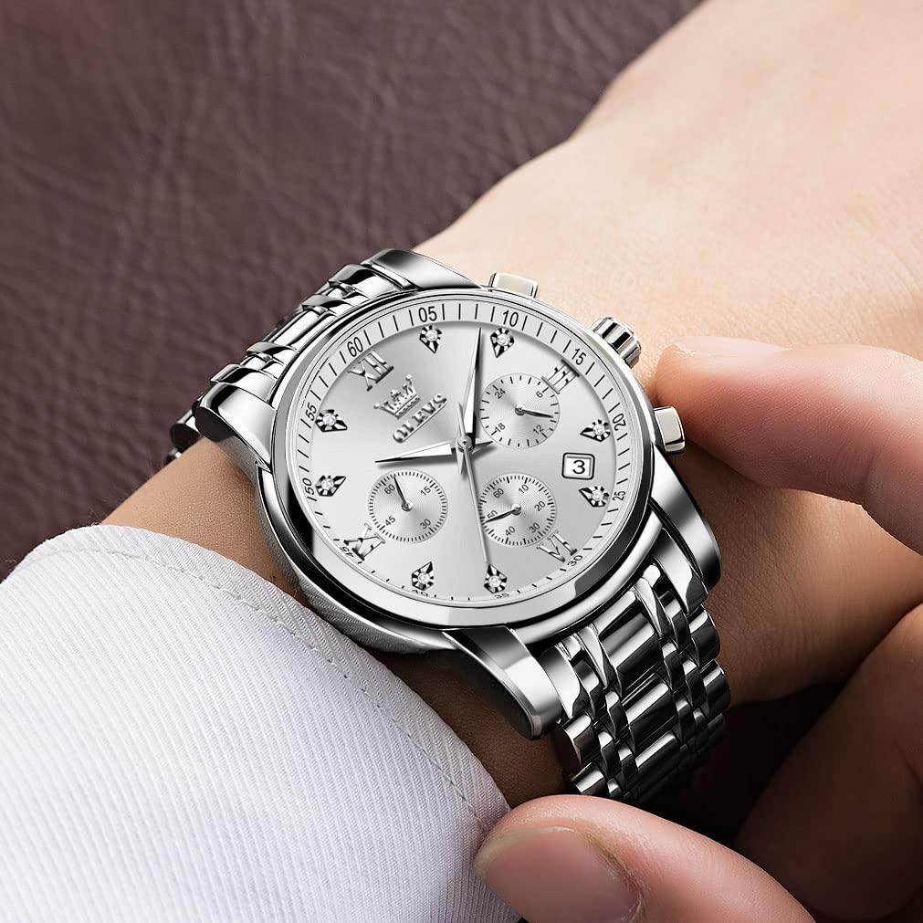 OLEVS Large Face Watches for Men Silver Bezel Diamond Chronograph Watches Stainless Steel Strap Luxury Men Three Hand Watch Waterproof Auto Calendar Easy Read Analog Men's Quartz Watch Reloj De Hombre