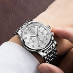 Load image into Gallery viewer, OLEVS Large Face Watches for Men Silver Bezel Diamond Chronograph Watches Stainless Steel Strap Luxury Men Three Hand Watch Waterproof Auto Calendar Easy Read Analog Men&#39;s Quartz Watch Reloj De Hombre

