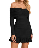 Load image into Gallery viewer, XinFSh Women's Sexy Off The Shoulder Bodycon Mini Dress Fall Long Sleeve Ruffle Ruched Short Party Club Dresses Black
