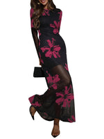 Load image into Gallery viewer, Verdusa Women&#39;s Floral Mesh Maxi Dresses Long Sleeve Elegant Formal Fall Wedding Guest Dress Cocktail Slimming Dress Black and Pink Medium
