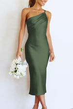 Load image into Gallery viewer, PRETTYGARDEN Women&#39;s Midi Satin Dress One Shoulder Spaghetti Strap Backless Ruched Summer Bodycon Dresses (Army Green,Small)
