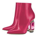 Load image into Gallery viewer, FSJ Women Chic Pointed Toe Crystal Chunky Block High Heel Ankle Boots Glossy Side Zipper Casual Daily Fashion Ladies Shoes Size 7 Fuchsia
